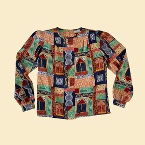 1990s Nicola geometric blouse, vintage green/blue/orange satin women's shirt